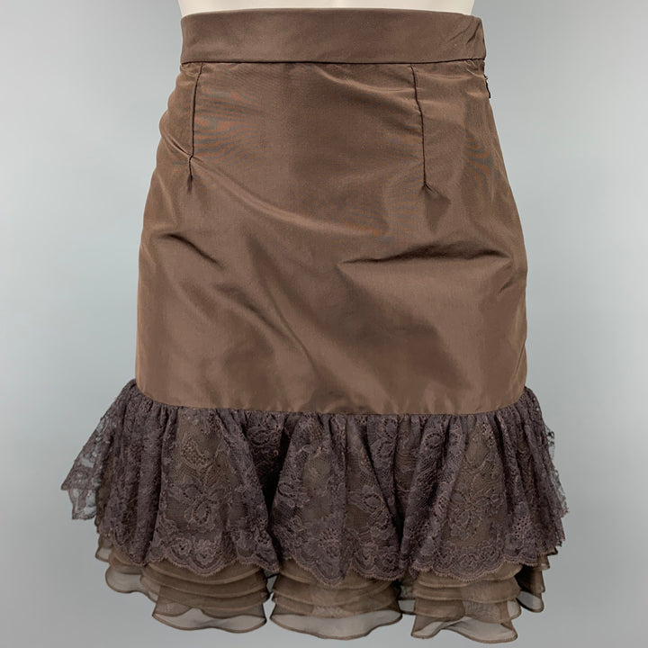 PETROU Falda con volantes de encaje de seda marrón talla 2