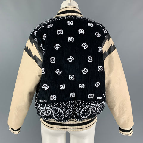 RHUDE SS 22 Taille S Veste Bomber en Cuir Brodé en Coton Crème Noir