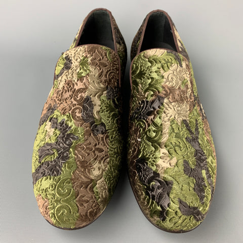 MEZLAN Size 8 Olive & Brown Brocade Velvet Slip On Loafers