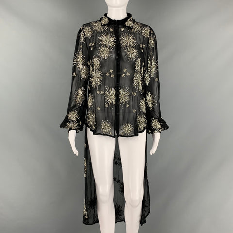 RETROFETE Taille S Blouse à Queues Perlées en Viscose Argent Noir