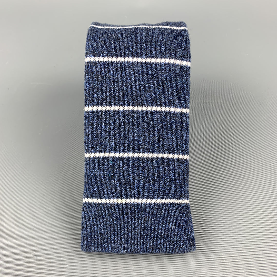 FIL D'ECOSSE Navy & White Striped Cotton Knit Square Tie