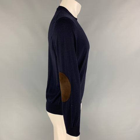 BRUNELLO CUCINELLI Size M Navy Brown Wool Cashmere Elbow Patches Pullover