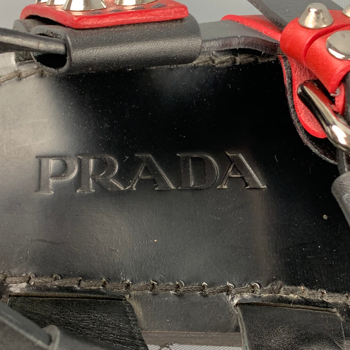 PRADA S/S 18 Size 8 Black & Burgundy Studded Leather Gladiator Sandals