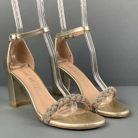STUART WEITZMAN Talla 6.5 Sandalias de tacón grueso trenzado de cuero plateado platino