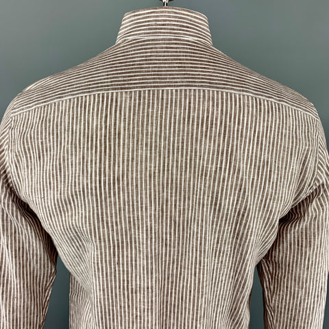 CANALI Size M Brown Stripe Linen Spread Collar Pocket Long Sleeve Shirt