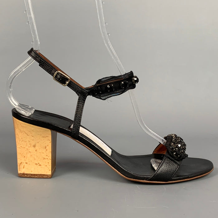 LANVIN Size 9 Black Leather Silk Ribbon Sandals