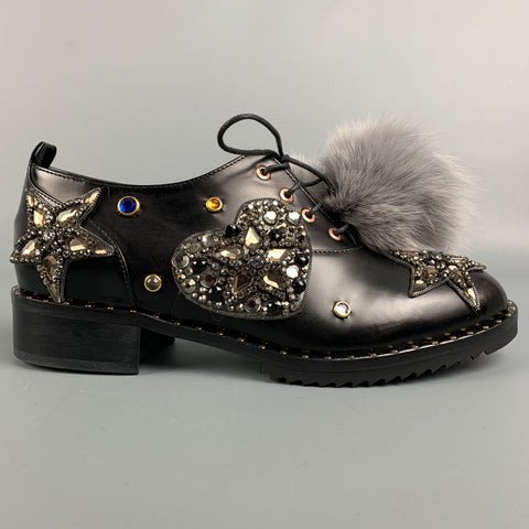 IVY KIRZHNER Size 7.5 Black & Silver Leather Rhinestones Pom Pom Barnum Laces