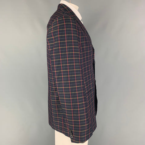 TOMORROWLAND Size 42 Navy Red Plaid Silk Notch Lapel Sport Coat