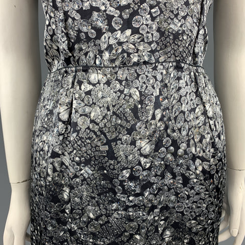 LANVIN Size 8 Grey & Black Diamonds Print Satin Sleeveless Shift Dress