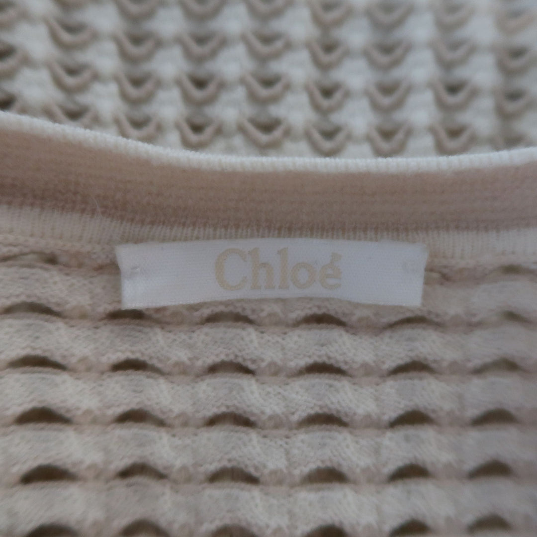CHLOE Size L Cream Stretch Wool Mesh Knit Crewneck Cardigan