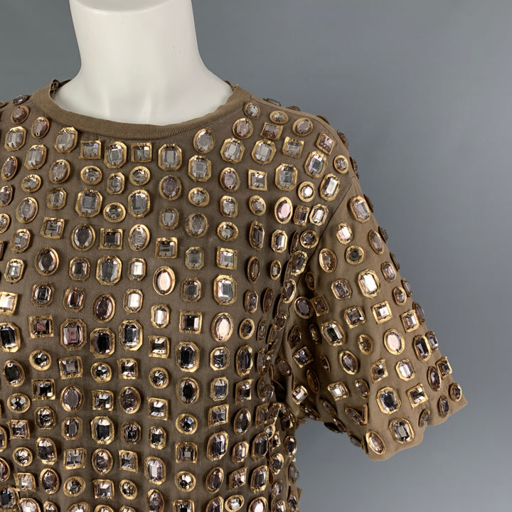 GIVENCHY Size M Taupe Gold Rhinestones Short Sleeve Dress Top