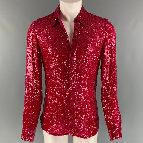 DRIES VAN NOTEN Size S Red Sequined Viscose Hidden Placket Long Sleeve Shirt