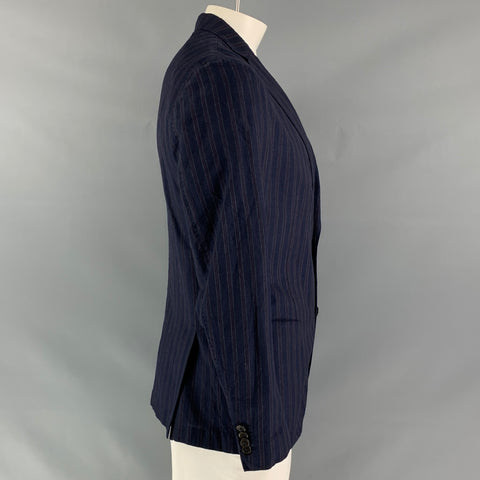 MONTEDORO Chest Size 44 Regular Wool &  Linen Navy Stripe Notch Lapel Sport Coat