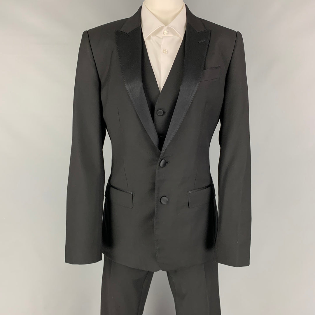 DOLCE & GABBANA Size 36 Black Wool Blend Notch Lapel Tuxedo 3 Piece Suit