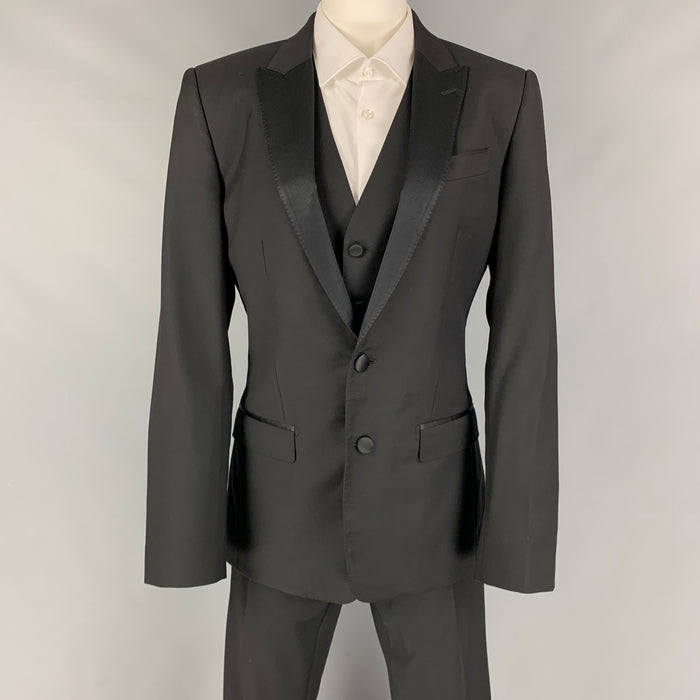 DOLCE &amp; GABBANA Talla 36 Traje de 3 piezas de esmoquin con solapa de muesca en mezcla de lana negra