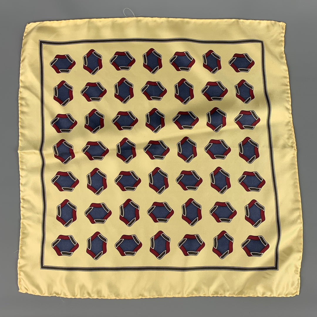 BURBERRYS Yellow Blue Burgundy Circles Silk Twill Pocket Square