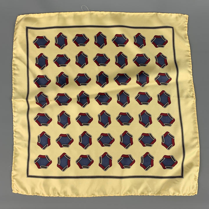 BURBERRYS Yellow Blue Burgundy Circles Silk Twill Pocket Square