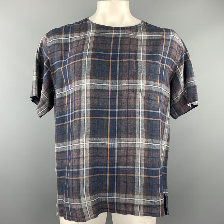 SCHNAYDERMAN'S Size XL Brown Plaid Linen Scoop Neck T-shirt