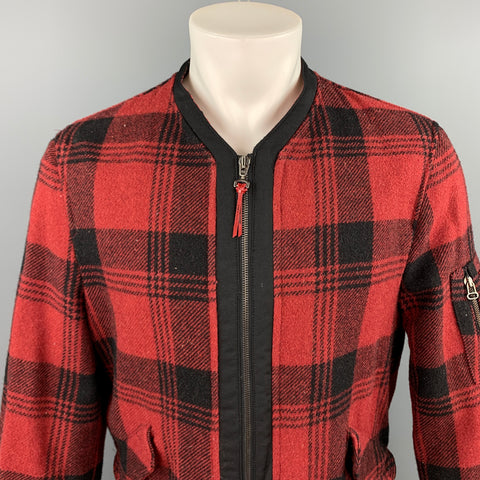 JOHN BARTLETT Uniform Size 40 Red & Black Plaid Wool Blend Zip Up Jacket