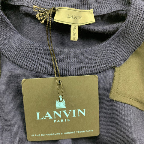 LANVIN Size XXL Navy Knitted Wool Crew-Neck Pullover