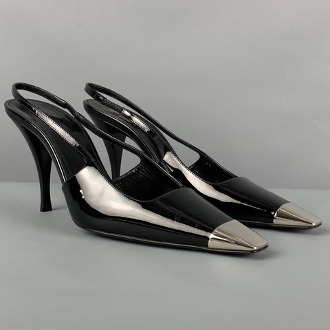 SAINT LAURENT Talla 7.5 Zapatos de tacón Vesper con tira trasera en charol negro y plateado