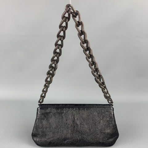 MICHELE Black Textured Leather Gun Metal Chain Handbag