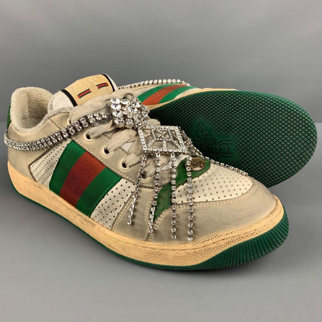 GUCCI Size 8 Off White Distressed Leather Lace Up Crystal Screener Sneakers