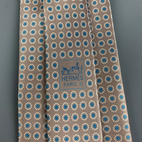 HERMES 5357 OA Taupe Blue Dots Silk Tie