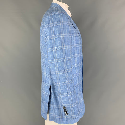 KITON Chest Size 44 Light Blue White Plaid Cashmere Blend Sport Coat