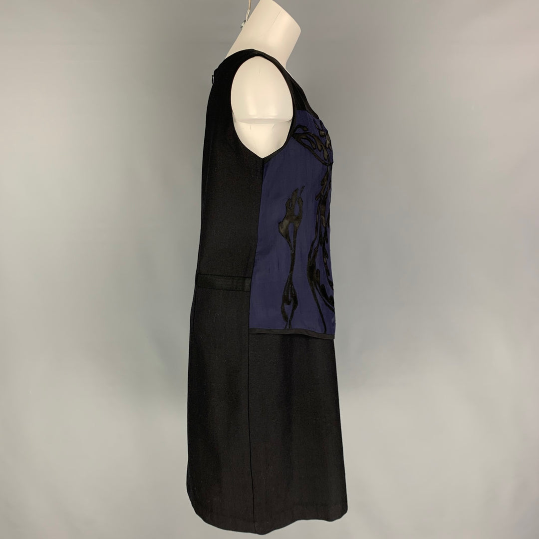 PAS de CALAIS Taille M Bleu Foncé Noir Rayonne Soie Applique Robe Sans Manches