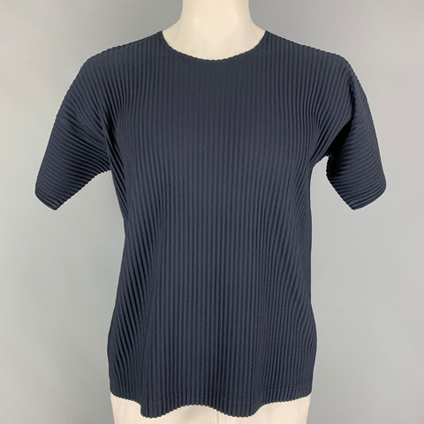 ISSEY MIYAKE HOMME PLISSE Size XL Navy Pleated Polyester Crew-Neck Short Sleeve Shirt