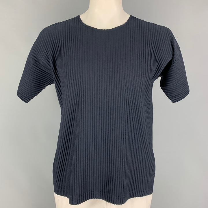 ISSEY MIYAKE HOMME PLISSE Talla XL Camisa Manga Corta Poliester Plisada Cuello Redondo Azul Marino