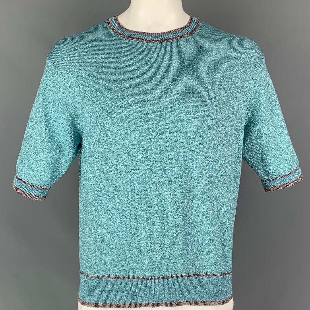 MARC JACOBS Size L Blue Metallic Viscose Blend Short Sleeve Pullover