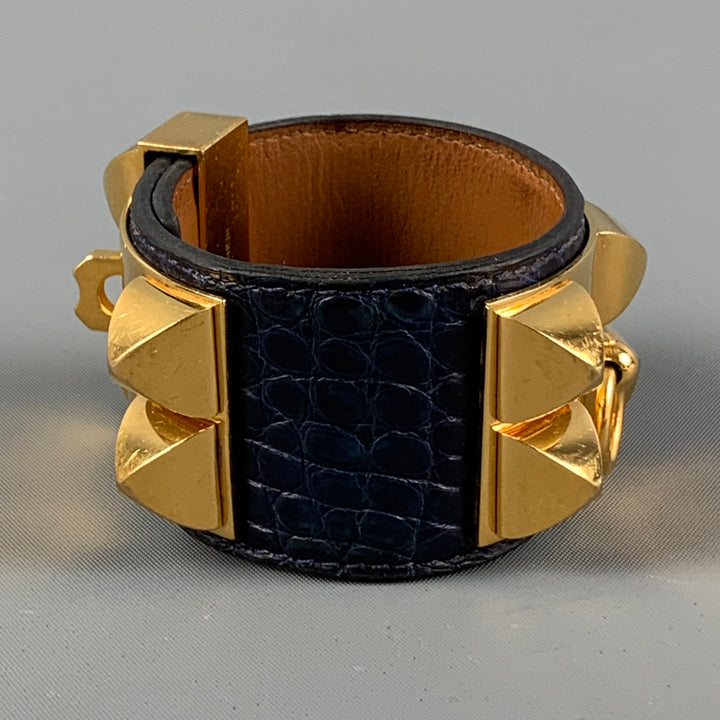 HERMES Blue Gold Pleated Alligator Collier de Chien Bracelet