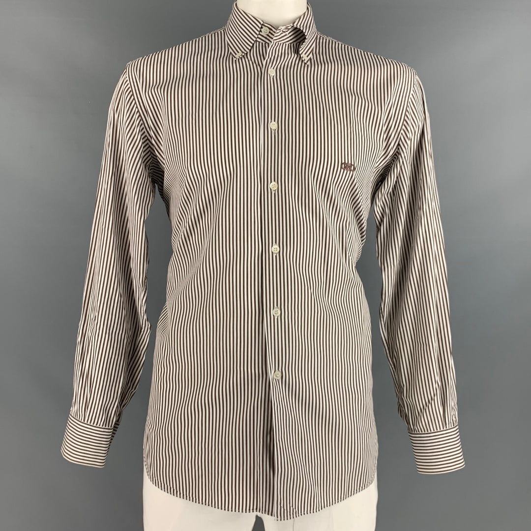 SALVATORE FERRAGAMO Size L Brown White Stripe Cotton Long Sleeve Shirt