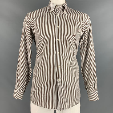 SALVATORE FERRAGAMO Taille L Chemise à manches longues en coton à rayures blanches marron