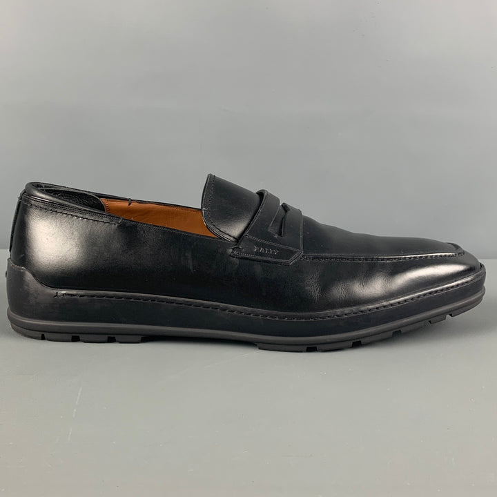 BALLY Size 10 Black Leather Penny Relon Loafers