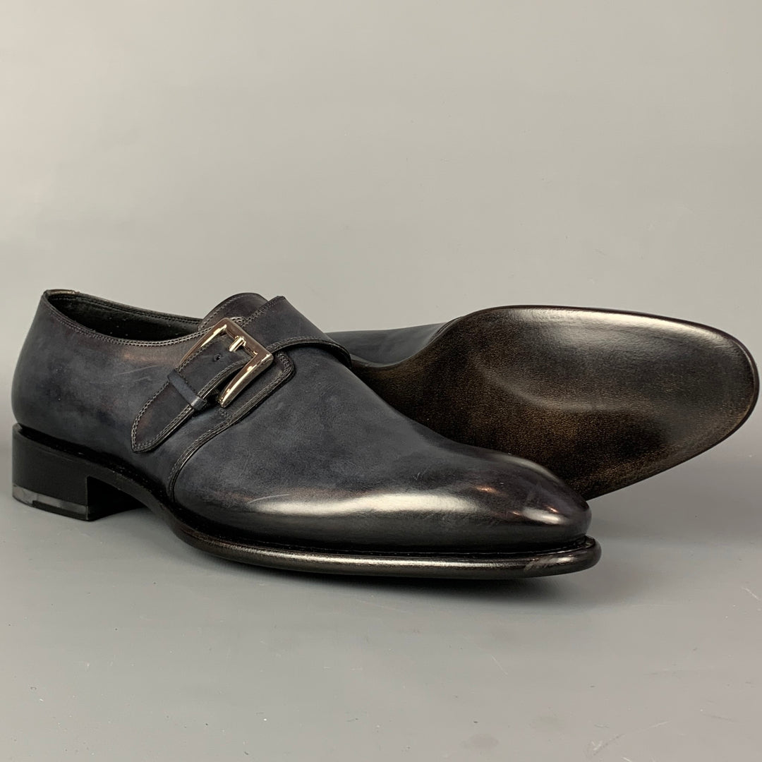 SANTONI Size 11.5 Charcoal Antique Leather Monk Strap Loafers