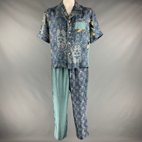 PIERRE-LOUIS MASCIA Size XL Blue Grey Print Silk Camp Suit