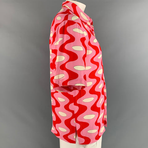 SANDRO Size L Pink Red Print Viscose Button Up Short Sleeve Shirt