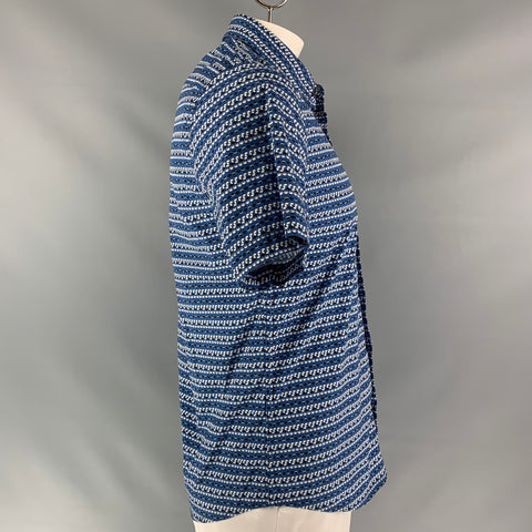PRADA Size L Blue & White Geometric Button Down Short Sleeve Shirt