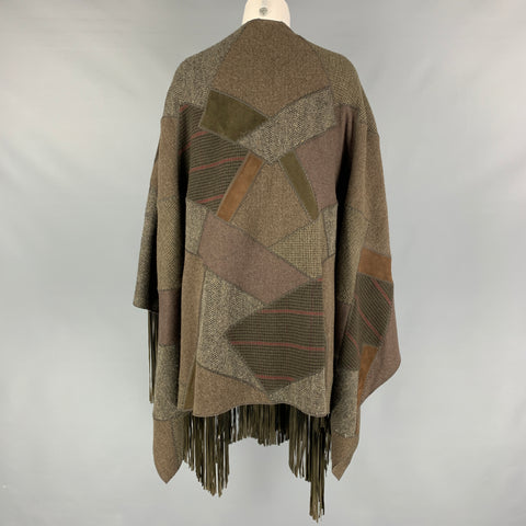 RALPH LAUREN 2016 Carlotta Olive Brown Wool Suede Fringe Patchwork Poncho