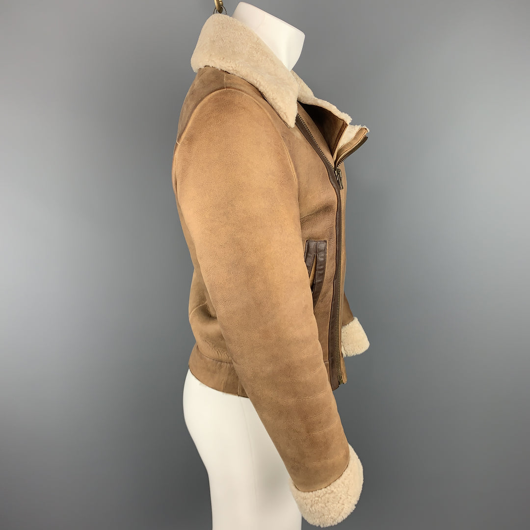MIU MIU Size US 36 / IT 46 Tan Distressed Shearling Biker Jacket