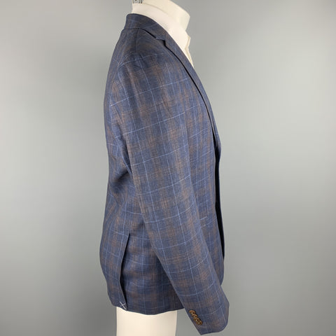 TOMMY HILFIGER Size 40 Navy & Brown Plaid Linen Notch Lapel Sport Coat