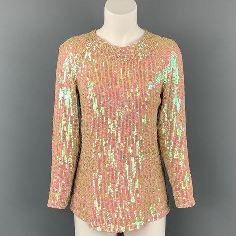 DRIES VAN NOTEN Size 8 Iridescent & Nude Sequin Silk Dress Top