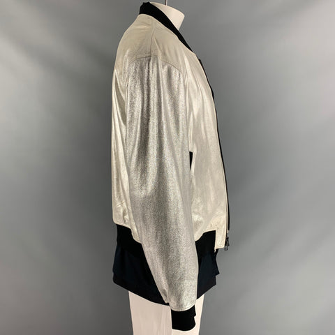 3.1 PHILLIP LIM Size L Silver Black Mixed Materials Bomber Jacket