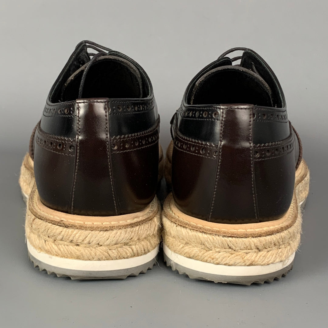 PRADA Size 10 Black & Brown Color Block Leather Wingtip Lace Up Shoes