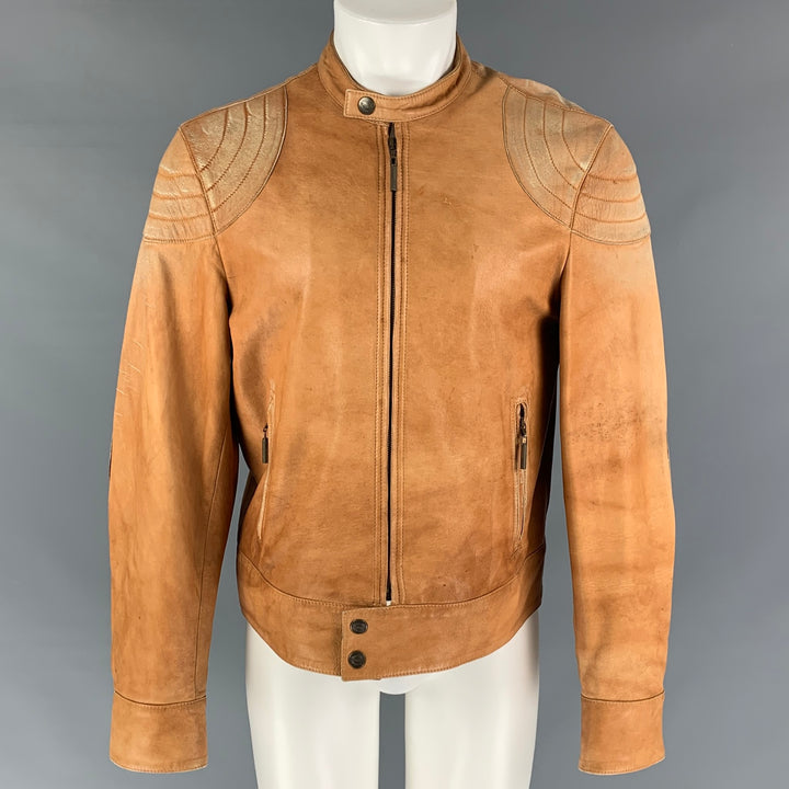 JUST CAVALLI Size 40 Tan Distressed Leather Biker Jacket