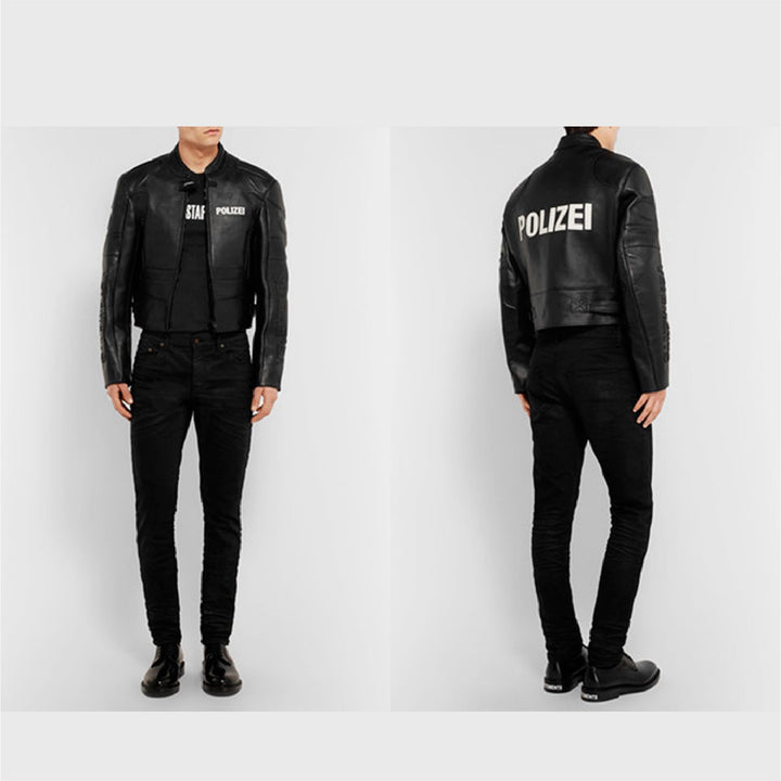 VETEMENTS XS Black Leather POLIZEI Cropped Moto Jacket