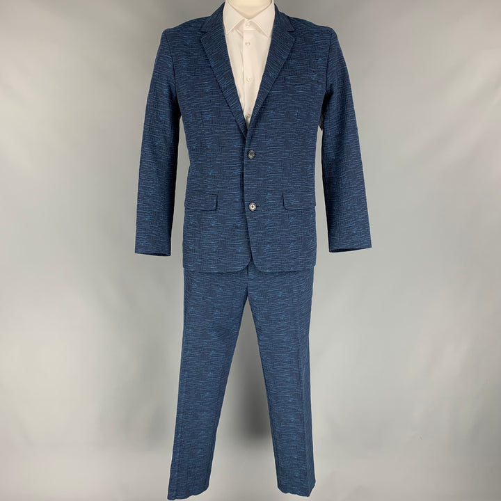 MR TURK Size 42 Navy & Blue Textured Cotton Single Breasted Suit